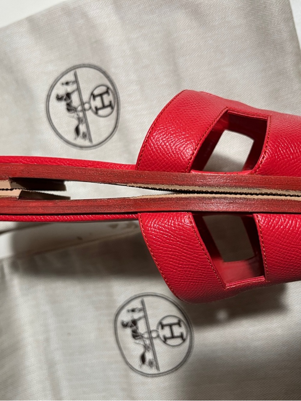 Hermes Red Leather H Oran Slide Sandals - Women's - Picture 6 of 10
